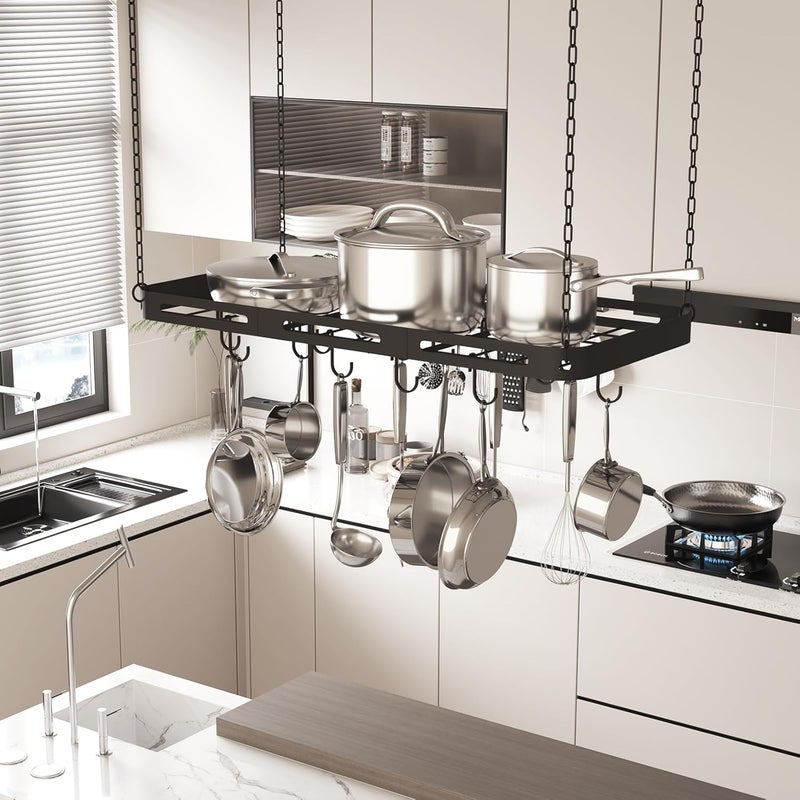 TICKCACY 33” Pots and Pans Hanging Rack, Black Hanging Pot Rack Ceiling Mount with 15 Hooks, Heavy-duty Metal Square Kitchen Ceiling Pot Rack, Pot and Pan Hanger for Kitchen Cookware Utensils - Image 2